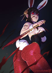 Rule 34 | 1girl, animal ears, ass, ass focus, bare shoulders, black hair, blood, blood on face, blush, breasts, cleavage, closed mouth, earrings, fake animal ears, floral print, from behind, holding, holding weapon, jewelry, kajin (kajinman), large breasts, leotard, long hair, looking at viewer, looking back, pantyhose, playboy bunny, rabbit tail, red eyes, rose print, sidelocks, smile, spy x family, strapless, strapless leotard, tail, thighs, weapon, wrist cuffs, yor briar