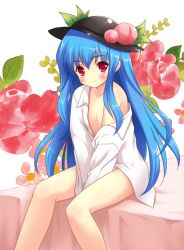 Rule 34 | 1girl, bare shoulders, blue hair, bottomless, dress shirt, female focus, flat chest, floral background, flower, food, fruit, hat, hinanawi tenshi, long hair, looking at viewer, md5 mismatch, naked shirt, no pants, off shoulder, peach, red eyes, shirt, sitting, smile, solo, touhou, v arms, yamasan