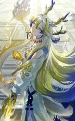 Rule 34 | 1girl, absurdres, arknights, blonde hair, blue hair, closed mouth, coat, commentary request, dragon girl, dragon horns, dragon tail, earrings, floating hair, from above, from side, gradient hair, grey eyes, hair between eyes, highres, horns, jewelry, long hair, looking at viewer, looking to the side, looking up, multicolored hair, sekai noto, shu (arknights), solo, tail, two-tone hair, very long hair, white coat