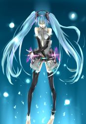 Rule 34 | 1girl, absurdres, aqua eyes, aqua hair, bad id, bad pixiv id, barefoot, breasts, breasts squeezed together, bridal gauntlets, female focus, gradient background, hatsune miku, hatsune miku (append), highres, long hair, medium breasts, necktie, open mouth, solo, thighhighs, twintails, very long hair, viral (fortis), vocaloid, vocaloid append