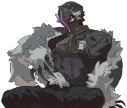 Rule 34 | 1boy, ascot, black ascot, black pants, black suit, black tail, body fur, bondrewd, claws, extra eyes, feet out of frame, formal, grey fur, grey tail, helm, helmet, highres, looking at viewer, made in abyss, male focus, mgong520, pants, pink eyes, simple background, sitting, solo, suit, tail, whistle, white background