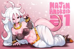 Rule 34 | 1girl, alternate form, android 21, black nails, black sclera, boots, bracelet, candy, character name, colored sclera, colored skin, detached sleeves, dragon ball, dragon ball fighterz, food, harem pants, high heel boots, high heels, highres, jewelry, kenron toqueen, lens flare, lollipop, looking at viewer, lying, majin android 21, messy hair, nail polish, navel, on side, pants, pink skin, red eyes, silver hair, smile, solo, stomach, tail, toned