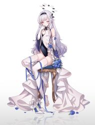Rule 34 | 1girl, alternate costume, black hairband, blue archive, blue flower, bow, breasts, closed mouth, dress, elbow gloves, feet, flower, full body, gloves, gradient background, grey background, hair ornament, hairband, halo, hand up, high heels, highres, himari (blue archive), legs, leotard, leotard under clothes, light purple hair, looking at viewer, no shoes, parted bangs, picter, purple eyes, reflective floor, shoes, unworn shoes, sitting, small breasts, smile, solo, stiletto heels, stirrup legwear, thighhighs, thighs, toeless legwear, toes, white bow, white dress, white footwear, white gloves, white thighhighs