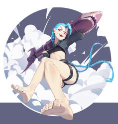 Rule 34 | 1girl, artist request, barefoot, blue hair, braid, breasts, crop top, explosion, fishnets, fringe trim, full body, highres, huge weapon, jinx (league of legends), league of legends, crossed legs, lipstick, long hair, makeup, midriff, open mouth, red eyes, rocket launcher, short shorts, shorts, shrug (clothing), small breasts, smoke, soles, solo, thigh strap, toe scrunch, toes, twin braids, very long hair, weapon