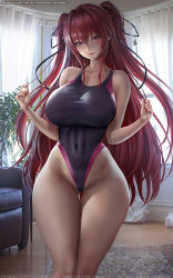 Rule 34 | 1girl, bare shoulders, breasts, cameltoe, competition swimsuit, curvy, highleg, highleg swimsuit, indoors, large breasts, lexaiduer, looking at viewer, naruse mio, one-piece swimsuit, red eyes, red hair, red lips, shinmai maou no testament, solo, swimsuit, thick thighs, thigh gap, thighs, twintails, wide hips