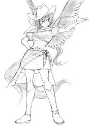 Rule 34 | 1girl, bandana, boots, breasts, chinese commentary, commentary request, cowboy hat, feathered wings, full body, greyscale, hand on own hip, hand up, hat, highres, kurokoma saki, long hair, medium breasts, monochrome, pointy ears, ponytail, short sleeves, simple background, skirt, smile, solo, touhou, tuck (tuck23978434), white background, wings
