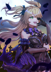 Rule 34 | 1girl, bare shoulders, bat ornament, bird, black feathers, black ribbon, blonde hair, bow, bowtie, breasts, chuunibyou, collar, crow, eyepatch, falling feathers, feathers, fischl (genshin impact), full moon, garter straps, genshin impact, gloves, graveyard, green eyes, hair over one eye, hair ribbon, highres, leotard, long hair, looking at viewer, medium breasts, moon, open mouth, oz (genshin impact), purple bow, purple bowtie, purple ribbon, ribbon, single sleeve, single thighhigh, smile, solo, tailcoat, thighhighs, tombstone, two side up, wanatsu 15