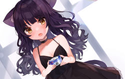 Rule 34 | 1girl, absurdres, animal ears, bad id, bad pixiv id, bare shoulders, black dress, breasts, can, canned food, cat ears, cat tail, collar, curly hair, dress, fang, food, highres, holding, holding food, noi mine, open mouth, original, small breasts, spaghetti strap, tail