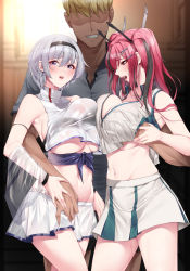 Rule 34 | 1boy, 2girls, absurdres, akchu, azur lane, bare shoulders, blonde hair, grabbing another&#039;s breast, breasts, bremerton (azur lane), bremerton (scorching-hot training) (azur lane), cheerleader, cleavage, commentary request, crop top, crop top overhang, dark-skinned male, dark skin, detached sleeves, faceless, faceless male, grabbing, grey hair, grin, groping, hair between eyes, hair ornament, headgear, highres, holding person, imminent penetration, large breasts, long hair, looking down, midriff, miniskirt, multicolored hair, multiple girls, navel, open mouth, pimp, pleated skirt, purple eyes, red eyes, red hair, reno (azur lane), reno (biggest little cheerleader) (azur lane), see-through, shaded face, shirt, short hair, short sleeves, skirt, sleeveless, sleeveless shirt, sleeveless turtleneck, smile, sportswear, streaked hair, sweat, tennis uniform, thighs, toned, turtleneck, twintails, two-tone skirt, underboob, white skirt, x hair ornament