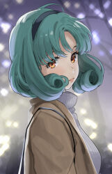 Rule 34 | 1girl, blurry, blurry background, breasts, brown coat, coat, green hair, idolmaster, idolmaster million live!, looking at viewer, looking to the side, medium breasts, outdoors, ribbed sweater, solo, sweater, tokugawa matsuri, upper body, white sweater, yoropa