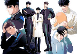 Rule 34 | 3boys, black hair, black pants, black shirt, blue hoodie, bodysuit, brown hair, character request, closed eyes, closed mouth, collared shirt, commentary request, crossed arms, diving suit, drawstring, eoduun badaui deungbul-i doeeo, full body, glasses, hand on own head, holding, holding stuffed toy, hood, hood down, hoodie, korean commentary, lab coat, long sleeves, looking at viewer, male focus, mrmemarem, multiple boys, pants, shirt, short hair, simple background, smile, standing, striped clothes, striped shirt, stuffed toy, stuffed whale, vertical-striped clothes, vertical-striped shirt, wetsuit, white background, white shirt