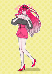 Rule 34 | alternate costume, bare shoulders, black shirt, casual, collarbone, commentary request, baobhan sith (fate), fate/grand order, fate (series), grey eyes, hair ornament, heart, high heels, long hair, long legs, looking at viewer, nail polish, off-shoulder shirt, off shoulder, pale skin, pink hair, pink skirt, pointy ears, polka dot, polka dot background, pumps, red footwear, red hair, red nails, shadow, shirt, sidelocks, skirt, slit pupils, solo, stiletto heels, uehara inco, wavy hair, yellow background