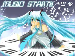 Rule 34 | 1girl, aqua eyes, aqua hair, chitose (pixiv), detached sleeves, hatsune miku, headset, instrument, kagura chitose, keyboard, keyboard (instrument), long hair, musical note, necktie, solo, synthesizer, twintails, vocaloid