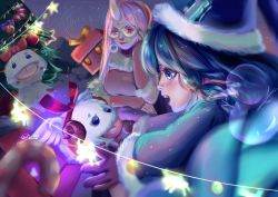 Rule 34 | 2girls, :d, alternate costume, alternate hair color, alternate hairstyle, amumu, blue eyes, blue hair, blue hat, blurry, blurry foreground, candy, candy cane, christmas ornaments, christmas tree, food, fur trim, glass ornament, glasses, gloves, hand on own cheek, hand on own face, hand up, hat, highres, horns, league of legends, long hair, looking at viewer, lulu (league of legends), multiple girls, nail polish, open mouth, orb, pink lips, pink nails, poro (league of legends), profile, re-gifted amumu, single horn, smile, soraka (league of legends), star (symbol), tongue, tongue out, winter clothes, winter wonder lulu, yaozi (scorpion), yordle