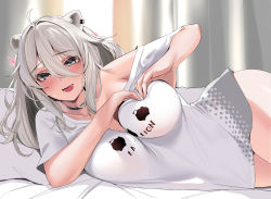 Rule 34 | 1girl, alternate costume, animal ears, bed, black choker, blush, breasts, casual, choker, clothes writing, curtains, ear piercing, fangs, grey eyes, grey hair, grey shirt, happy, heart, heart-shaped boob challenge, heart hands, highres, hololive, large breasts, lion ears, lion girl, looking at viewer, lying, multicolored clothes, multicolored shirt, no bra, off shoulder, official alternate costume, on bed, on side, oversized clothes, oversized shirt, piercing, shirt, shishiro botan, shishiro botan (casual), skin fangs, smile, t-shirt, thick thighs, thighs, torpedo (gad3757), virtual youtuber, white shirt, wide hips