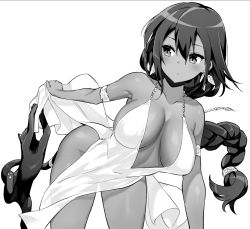 Rule 34 | 1girl, armlet, azur lane, backless outfit, bare shoulders, blush, braid, breasts, breasts apart, cat, clothes lift, collarbone, covered erect nipples, dark-skinned female, dark skin, dress, dress lift, earrings, evening gown, floating hair, greyscale, hair between eyes, hori (hori no su), jewelry, large breasts, leaning forward, lifted by self, long hair, monochrome, no bra, no panties, revealing clothes, simple background, solo, south dakota (azur lane), south dakota (solo concert) (azur lane), very long hair, white background, white dress
