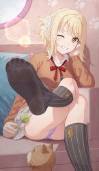 Rule 34 | 1girl, arm support, black socks, blonde hair, botan m, brown cardigan, candy, cardigan, cat, collared shirt, commentary request, couch, feet, flower, food, foot out of frame, hair flower, hair ornament, highres, holding, holding candy, holding food, holding lollipop, jacket, lollipop, long sleeves, looking at viewer, love live!, love live! nijigasaki high school idol club, miyashita ai, neck ribbon, nijigasaki school uniform, no shoes, on couch, one eye closed, panties, plaid, plaid skirt, pleated skirt, purple panties, red ribbon, ribbon, school uniform, shirt, short ponytail, sitting, skirt, smile, socks, soles, solo, toes, underwear, white shirt, white skirt, winter uniform, yellow eyes