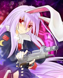 Rule 34 | 1girl, animal ears, badge, blazer, collared shirt, copyright name, crescent moon, gloves, gun, handgun, highres, jacket, leaf, light purple hair, long hair, looking away, looking to the side, maple leaf, moon, necktie, night, night sky, rabbit ears, red eyes, red necktie, reisen udongein inaba, saraallo, shirt, signature, sky, solo, touhou, trigger discipline, upper body, weapon