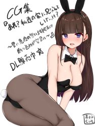 Rule 34 | 1girl, animal ears, breasts, brown hair, cleavage, collarbone, detached collar, fake animal ears, highres, large breasts, leotard, long hair, open mouth, original, pantyhose, playboy bunny, purple eyes, rabbit ears, rocha (aloha ro cha), solo, translation request, wrist cuffs