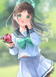 Rule 34 | 1girl, absurdres, airi (blue archive), blue archive, blue eyes, blurry, blurry background, blush, commentary request, food, hair ornament, halo, hand on own face, highres, ice cream, long hair, looking at viewer, midriff peek, nomio, open mouth, school uniform, solo