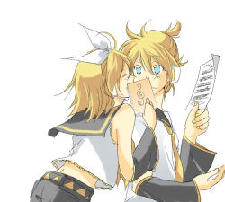 Rule 34 | 1boy, 1girl, aira (exp), blonde hair, blue eyes, brother and sister, detached sleeves, closed eyes, kagamine len, kagamine rin, lowres, sheet music, short hair, siblings, smile, treble clef, twins, vocaloid