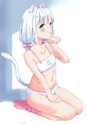Rule 34 | 1girl, :p, animal ears, bad id, bad pixiv id, blue eyes, blush, bow, bra, cat ears, cat tail, closed mouth, collarbone, commentary, flat chest, full body, hair bow, hand on own leg, highres, legs, light blush, long hair, looking at viewer, low twintails, navel, original, panties, paw pose, pink bow, pink socks, saku (syake135), seiza, shadow, shironekomimi (saku), sitting, socks, solo, tail, tongue, tongue out, training bra, twintails, underwear, underwear only, white bra, white hair, white panties