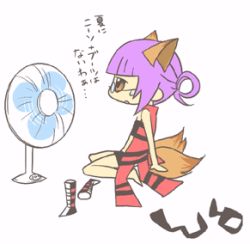 Rule 34 | 10s, animal ears, barefoot, brown eyes, electric fan, fox (trickster), fox ears, fox tail, glasses, lowres, purple hair, sitting, solo, tail, trickster (ntreev soft), undressing