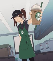 Rule 34 | 1girl, apron, artist name, brown hair, commentary, cup, drinking straw, english commentary, foreshortening, freckles, green apron, hat, highres, hitsuji (hitsujigoods), holding, holding cup, kara eklund, name tag, neet girl date night, original, pen, polo shirt, ponytail, signature, solo, starbucks, teeth, whipped cream