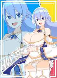 Rule 34 | 1girl, absurdres, aiguillette, azur lane, bad id, bad pixiv id, blue eyes, blue hair, braid, breasts, character name, cleavage, detached collar, detached sleeves, french braid, highres, large breasts, light blue hair, long hair, looking at viewer, open mouth, own hands together, panties, pantyshot, rodney (azur lane), smile, solo, thighhighs, underwear, user wxne7332, zoom layer