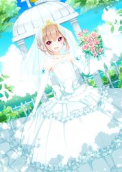 Rule 34 | 1boy, :d, akaimo satsuma, androgynous, bad id, bad pixiv id, bare shoulders, blush, bouquet, brown hair, crossdressing, dress, earrings, elbow gloves, fang, flower, gloves, goma (11zihisin), highres, holding, jewelry, looking at viewer, male focus, open mouth, original, pink eyes, pink flower, pink rose, rose, short hair, smile, solo, tiara, trap, veil, wedding dress