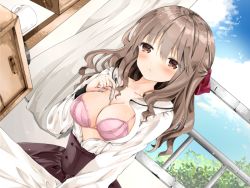 Rule 34 | 1girl, blouse, blush, bra, breasts, breasts out, brown eyes, cleavage, curtains, day, digital thermometer, grey hair, high-waist skirt, long hair, long sleeves, looking at viewer, medium breasts, nanase nao, open clothes, open shirt, original, parted lips, pink bra, shirt, skirt, solo, thermometer, underwear, white shirt