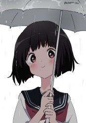 Rule 34 | 1girl, absurdres, black hair, black sailor collar, blush, closed mouth, commentary, dot nose, hands up, highres, holding, holding umbrella, looking at viewer, necktie, original, pink eyes, rain, red necktie, sailor collar, school uniform, shirt, short hair, simple background, smile, solo, twitter username, umbrella, uniform, upper body, white background, white gorilla (okamoto), white shirt