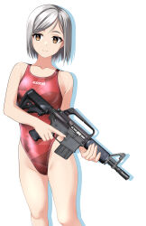 Rule 34 | 1girl, absurdres, ar-15, assault rifle, breasts, brown eyes, camouflage, clothes writing, commentary request, competition swimsuit, feet out of frame, grey hair, gun, highleg, highleg swimsuit, highres, holding, holding gun, holding weapon, one-piece swimsuit, original, red one-piece swimsuit, rifle, short hair, simple background, small breasts, solo, standing, swimsuit, takafumi, translation request, trigger discipline, variant set, weapon, white background