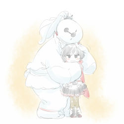 Rule 34 | 1girl, baymax, big hero 6, blush, cape, cosplay, female focus, gradient background, hug, iesupa, pale color, ruby rose, rwby, solo, weiss schnee, weiss schnee (cosplay), white background