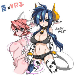 Rule 34 | 2girls, 695 (mukuko), animal ears, ass, bad id, bad pixiv id, bell, bikini, blue hair, borrowed character, breasts, brown eyes, cat ears, cat tail, cleavage, cow ears, elbow gloves, gloves, green eyes, horns, large breasts, midriff, multiple girls, navel, original, pink hair, shinko (695), short shorts, shorts, sideboob, swimsuit, tail, thighhighs, vrco