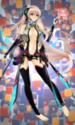 Rule 34 | 1girl, barefoot, blue eyes, bridal gauntlets, cube, detached sleeves, elbow gloves, gloves, headset, highres, long hair, megurine luka, navel, okingjo, pink hair, solo, vocaloid, vocaloid append