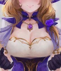Rule 34 | 1girl, blonde hair, blush, breasts, cleavage, closed mouth, commentary, facing viewer, flower, genshin impact, gloves, hair flower, hair ornament, hands up, hat, head out of frame, highres, jewelry, large breasts, lisa (genshin impact), long hair, necklace, noccu, purple flower, purple gloves, purple hat, purple rose, rose, smile, solo, upper body