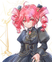 Rule 34 | 1girl, ahoge, alternate costume, black dress, brooch, closed mouth, commentary request, corset, cowboy shot, dress, drill hair, flat chest, gothic lolita, hair between eyes, highres, jewelry, kasane teto, lolita fashion, long sleeves, nazuki, pink hair, puffy sleeves, red brooch, red eyes, sketch, solo, twin drills, utau