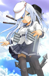 Rule 34 | 10s, black thighhighs, blue eyes, closed mouth, cloud, day, hammer and sickle, hat, hibiki (kancolle), kantai collection, long sleeves, looking at viewer, pleated skirt, school uniform, seminoyu, serafuku, silver hair, skirt, sky, solo, thighhighs, verniy (kancolle), zettai ryouiki