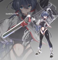 Rule 34 | 1girl, absurdres, arms up, artist name, black gloves, black hair, black leotard, black thighhighs, blue eyes, boots, breasts, clothing cutout, commentary, cropped jacket, gloves, grey background, grey footwear, grey jacket, hair between eyes, hair intakes, highres, holding, holding weapon, jacket, karian909, large breasts, layered sleeves, leotard, long hair, long sleeves, navel, navel cutout, original, outline, short over long sleeves, short sleeves, simple background, solo, standing, thighhighs, very long hair, weapon, weapon request, white outline, zoom layer