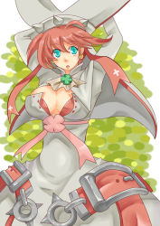 Rule 34 | 1girl, ahoge, blue eyes, breasts, cleavage, cleavage cutout, clothing cutout, clover, dress, earrings, elphelt, elphelt valentine, emi (snow rabbit), four-leaf clover, guilty gear, guilty gear xrd, hat, jewelry, large breasts, pink hair, solo, veil