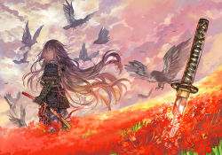 Rule 34 | 1girl, armor, bird, black hair, blood, blood on face, cloud, cloudy sky, crow, day, fate/grand order, fate (series), flower, from side, hair between eyes, holding, holding sword, holding weapon, japanese armor, katana, koha-ace, long hair, no headwear, oda nobunaga (fate), oda nobunaga (koha-ace), outdoors, rioka (southern blue sky), sky, solo, spider lily, standing, sword, very long hair, weapon