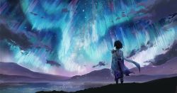Rule 34 | 1boy, ahoge, aurora, black legwear, capelet, colorful, commentary request, facing away, genshin impact, highres, looking up, male focus, mountainous horizon, night, outdoors, sash, scenery, sealgege, short hair, signature, sky, solo, sparkle, standing, star (sky), starry sky, xiao (genshin impact)