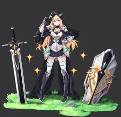 Rule 34 | &gt;:(, 1girl, absurdres, armor, armored boots, blonde hair, boots, collarbone, commentary request, cross, cross necklace, faulds, frown, garter straps, gauntlets, grass, grey background, hand on own hip, highres, jewelry, kiwoseo meogneundas, korean commentary, long hair, necklace, nun, original, planted, planted sword, planted weapon, shield, solo, sword, thighhighs, thorns, vambraces, veil, weapon, yellow eyes
