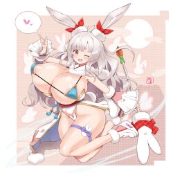 Rule 34 | 1girl, :d, animal ears, bea (bropmlk), bikini, bikini top only, blush, bow, breasts, capelet, chinese zodiac, curvy, detached sleeves, ear bow, grey hair, heart, highres, hikimayu, huge breasts, long hair, one eye closed, open mouth, oppai loli, original, rabbit ears, rabbit girl, rabbit tail, red eyes, showgirl skirt, signature, smile, solo, spoken heart, staff, swimsuit, tail, thick thighs, thigh strap, thighs, very long hair, wide hips, year of the rabbit
