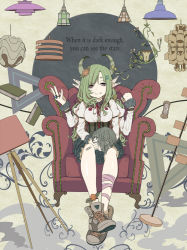 Rule 34 | 1girl, ankle lace-up, ankle ribbon, armchair, bandages, book, chair, corset, cross-laced footwear, demon, disembodied head, elf, english text, extra arms, extra ears, frilled skirt, frills, green hair, horns, hourglass, jewelry, leg ribbon, long hair, original, pointy ears, red eyes, ribbon, ring, sakurai energy, shoes, sitting, skirt, smile, sneakers, studded trim