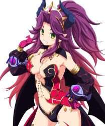 1girl angela_(seiken_densetsu_3) breasts cleavage detached_sleeves earrings gloves green_eyes highres horns izumi_mahiru jewelry long_hair looking_at_viewer medium_breasts navel pointy_ears purple_hair revealing_clothes seiken_densetsu seiken_densetsu_3 simple_background smile solo tiara white_background