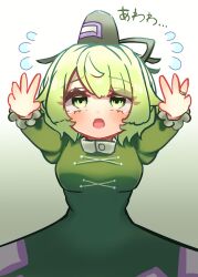 Rule 34 | 1girl, absurdres, breasts, commentary request, cross-laced clothes, dress, flying sweatdrops, green dress, green eyes, green hair, hat, highres, jewelry, long sleeves, looking at viewer, ofuda, ofuda on clothes, open mouth, ring, short hair, soga no tojiko, solo, takana (forsterite), tate eboshi, touhou, variant set