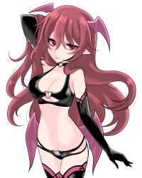 Rule 34 | 1girl, bikini, black thighhighs, blush, breasts, brown hair, carrie alberta, cleavage, commentary, demon girl, elbow gloves, gloves, head wings, highres, lipstick, long hair, looking at viewer, makeup, navel, pointy ears, pop-up story, red eyes, simple background, smile, solo, swimsuit, thighhighs, white background, wings, yaka (ir mc8a)
