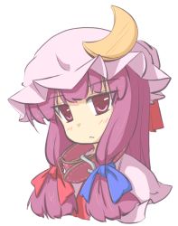 Rule 34 | 1girl, :&lt;, bow, collar, crescent, hair bow, hat, long hair, natsuki (silent selena), patchouli knowledge, purple eyes, purple hair, simple background, solo, touhou